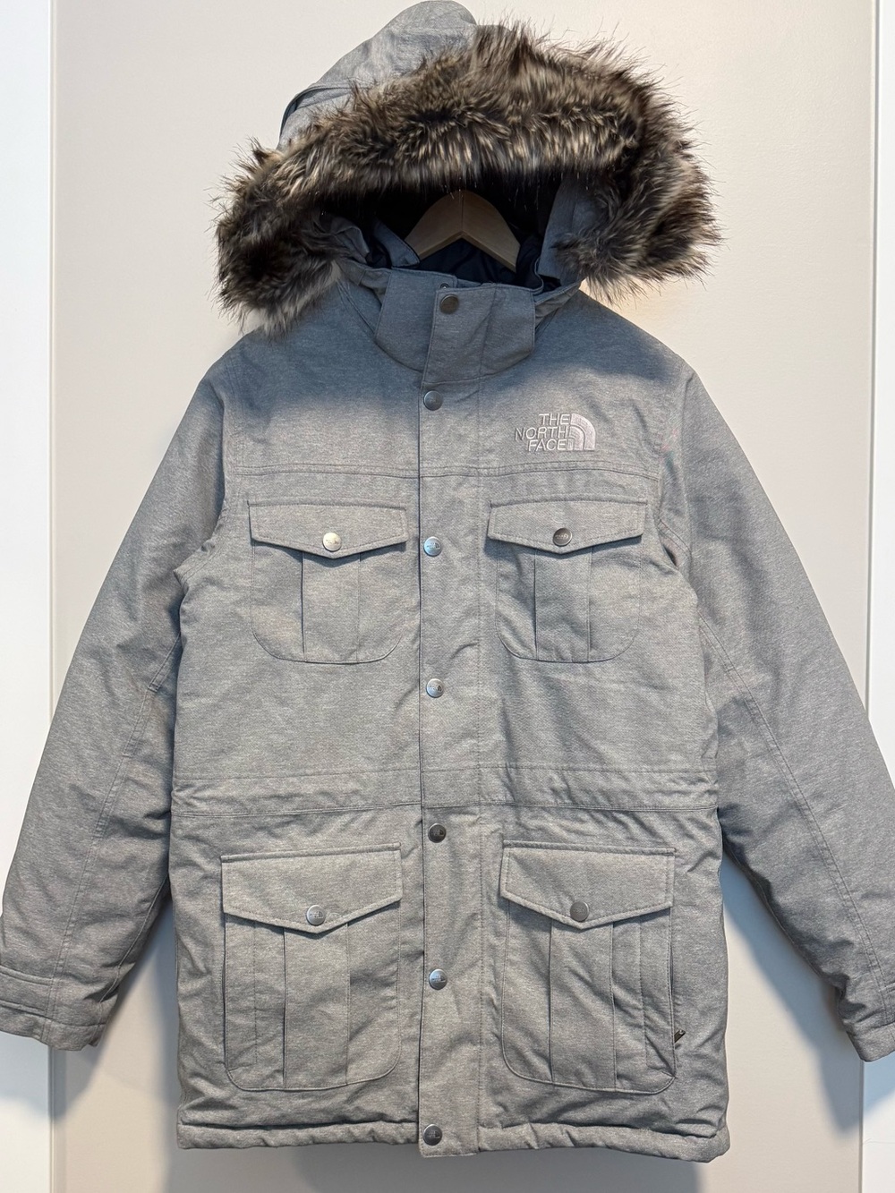 The North Face Bedford Parka Grey Heather Faux Fur Hood Winter Jacket F13